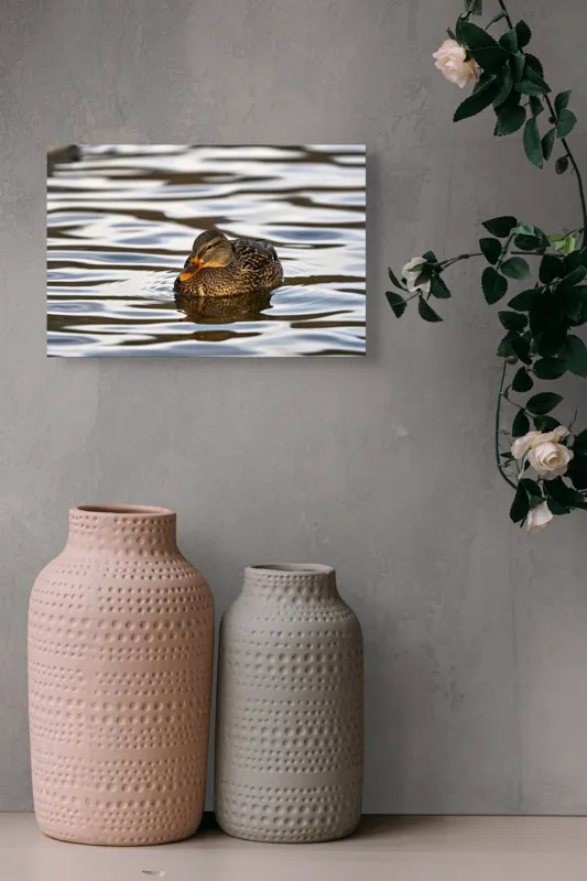 Tablou Canvas, "Rață singuratică pe oglinda apei", Rață, Apă, Plutire, Reflecție, Pene, Liniște, Natură, Serenitate., 39 x 26 cm – poza 4