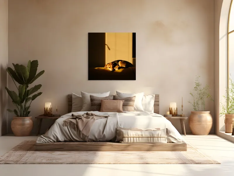 Tablou Canvas, "Câine lenevind în lumina soarelui", Câine, Lumină, Umbre, Calm, Repaus, Căldură, Relaxare, Tandrețe, 100 x 100 cm – poza 4