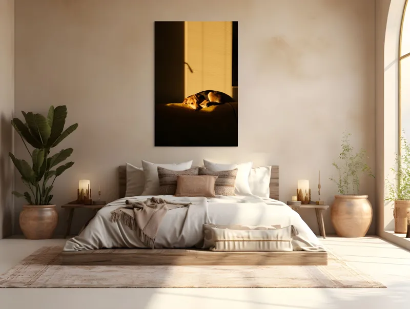 Tablou Canvas, "Câine lenevind în lumina soarelui", Câine, Lumină, Umbre, Calm, Repaus, Căldură, Relaxare, Tandrețe, 100 x 150 cm – poza 3