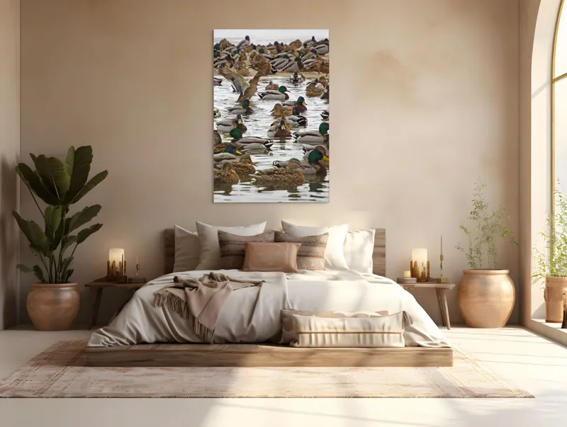 Tablou Canvas, "Rațe sălbatice pe lac întins", Rațe, Apă, Verde, Aripi, Plutire, Mulțime, Reflexie, Natură, Culoare, Mișcare, 100 x 150 cm – poza 3
