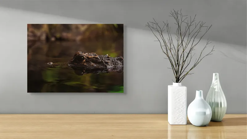 Tablou Canvas, "Prădătorul tăcut al apelor tulburi", Întuneric, Reflecție, Apă, Vegetație, Reptilă, 54 x 39 cm – poza 3