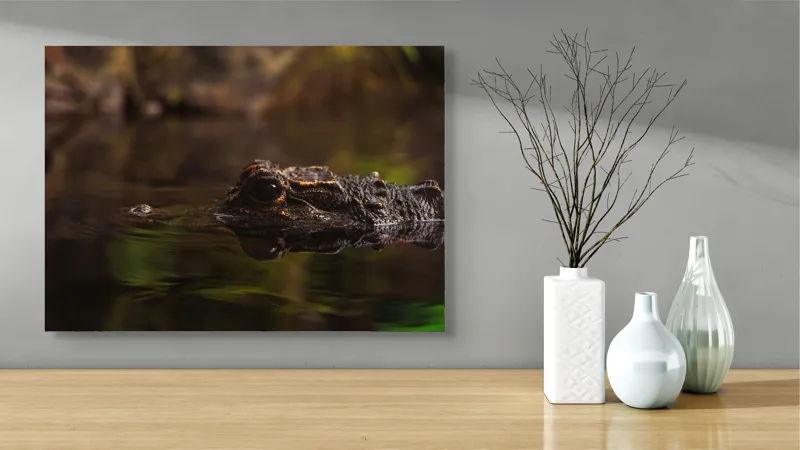 Tablou Canvas, "Prădătorul tăcut al apelor tulburi", Întuneric, Reflecție, Apă, Vegetație, Reptilă, 70 x 50 cm – poza 3
