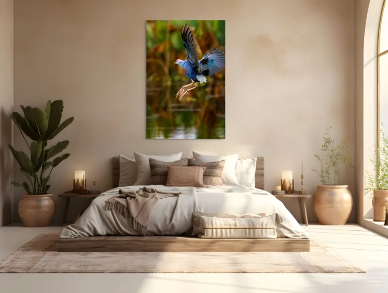 Tablou Canvas, "Zborul elegant al păsării albastre", Pasăre, Înaltare, Apă, Penaj, Aripi, Natură, Sălbăticie, Zbor, Grație, Biotop, 100 x 150 cm – poza 3