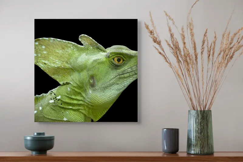 Tablou Canvas, "Portretul unui dragon verde enigmatic", Verde, Solzi, Frunză, Ochi, Textură, Contrast, Natură, Detalii, 50 x 50 cm – poza 4