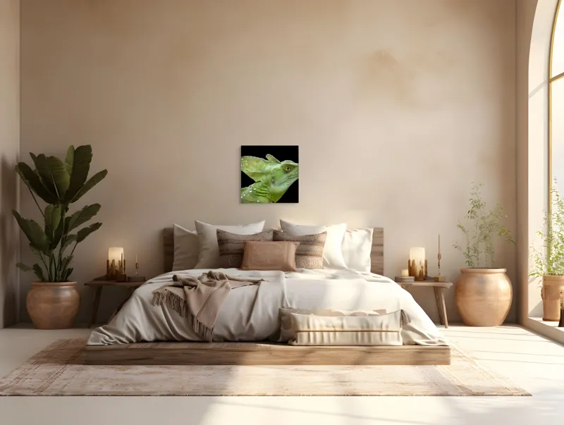 Tablou Canvas, "Portretul unui dragon verde enigmatic", Verde, Solzi, Frunză, Ochi, Textură, Contrast, Natură, Detalii, 50 x 50 cm – poza 5