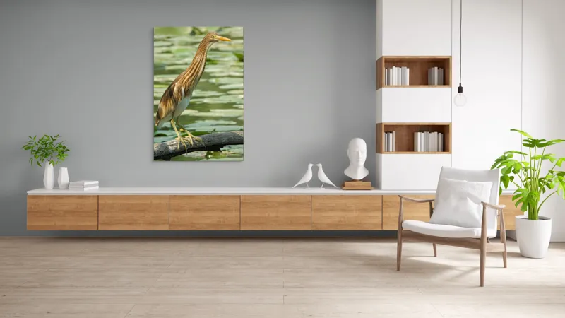 Tablou Canvas, "Egretul printre frunze de nufăr", Pasăre, Stuf, Baltă, Pene, Cioc, Apă, Vegetație, Echilibru, Natură, 100 x 150 cm – poza 8