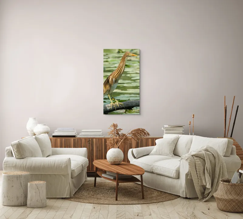 Tablou Canvas, "Egretul printre frunze de nufăr", Pasăre, Stuf, Baltă, Pene, Cioc, Apă, Vegetație, Echilibru, Natură, 50 x 90 cm – poza 7