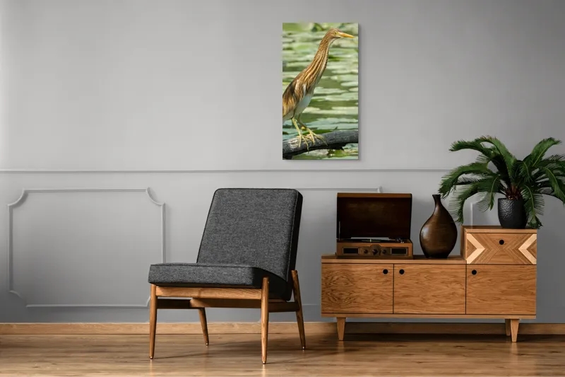 Tablou Canvas, "Egretul printre frunze de nufăr", Pasăre, Stuf, Baltă, Pene, Cioc, Apă, Vegetație, Echilibru, Natură, 50 x 90 cm – poza 8