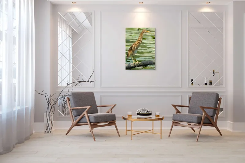Tablou Canvas, "Egretul printre frunze de nufăr", Pasăre, Stuf, Baltă, Pene, Cioc, Apă, Vegetație, Echilibru, Natură, 70 x 100 cm – poza 8