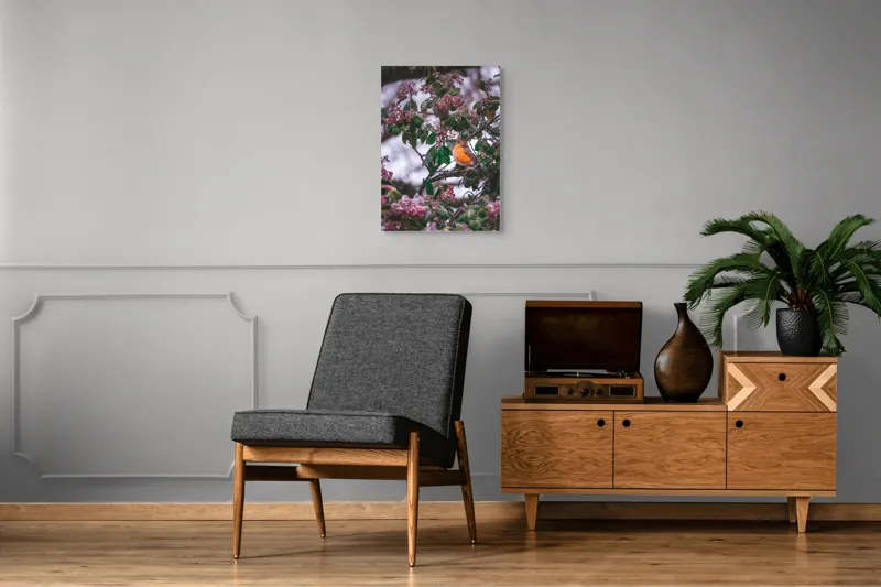 Tablou Canvas, "Păsăre cântând printre crengi înflorite", Pasăre, Crengi, Frunze, Fructe, Roșu, Verde, Natură, Iarnă, Zăpadă, Peisaj., 50 x 70 cm – poza 8