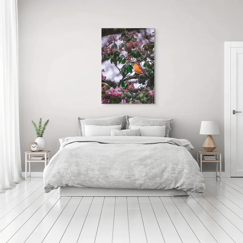 Tablou Canvas, "Păsăre cântând printre crengi înflorite", Pasăre, Crengi, Frunze, Fructe, Roșu, Verde, Natură, Iarnă, Zăpadă, Peisaj., 70 x 100 cm – poza 3
