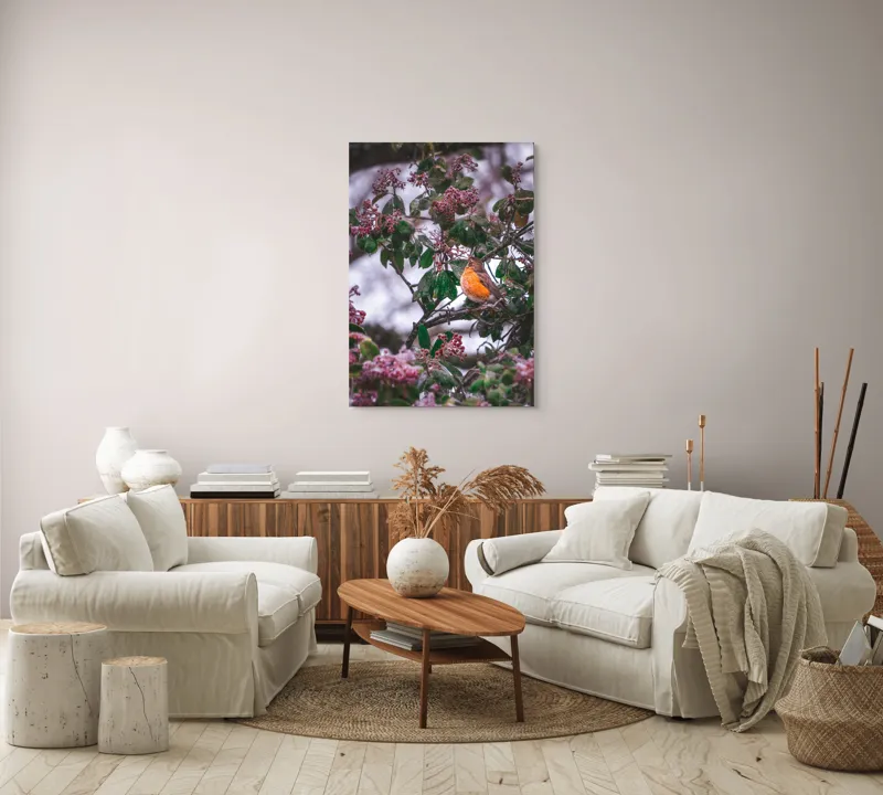 Tablou Canvas, "Păsăre cântând printre crengi înflorite", Pasăre, Crengi, Frunze, Fructe, Roșu, Verde, Natură, Iarnă, Zăpadă, Peisaj., 70 x 100 cm – poza 4