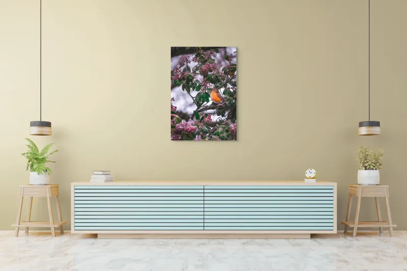 Tablou Canvas, "Păsăre cântând printre crengi înflorite", Pasăre, Crengi, Frunze, Fructe, Roșu, Verde, Natură, Iarnă, Zăpadă, Peisaj., 70 x 100 cm – poza 5