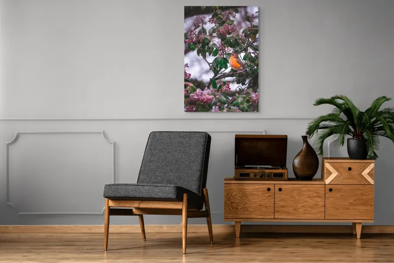 Tablou Canvas, "Păsăre cântând printre crengi înflorite", Pasăre, Crengi, Frunze, Fructe, Roșu, Verde, Natură, Iarnă, Zăpadă, Peisaj., 70 x 100 cm – poza 6