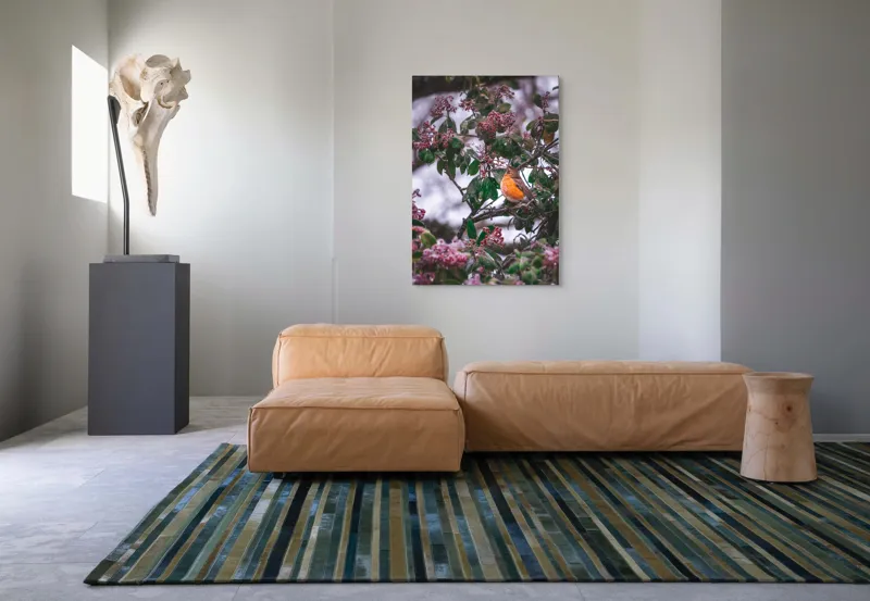 Tablou Canvas, "Păsăre cântând printre crengi înflorite", Pasăre, Crengi, Frunze, Fructe, Roșu, Verde, Natură, Iarnă, Zăpadă, Peisaj., 70 x 100 cm – poza 7
