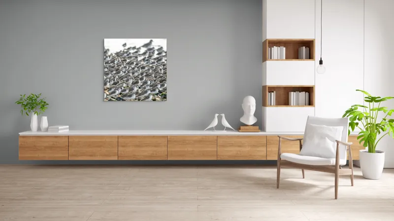Tablou Canvas, "Dansul miilor de păsări marine", Grupuri, Nisip, Pene, Păsări, Coastă, Agitație, Mișcare, Natură, Armonie, Multitudine, 100 x 100 cm – poza 8