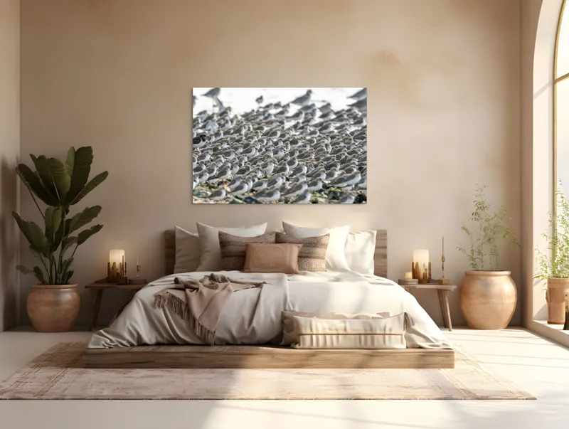 Tablou Canvas, "Dansul miilor de păsări marine", Grupuri, Nisip, Pene, Păsări, Coastă, Agitație, Mișcare, Natură, Armonie, Multitudine, 150 x 100 cm – poza 4