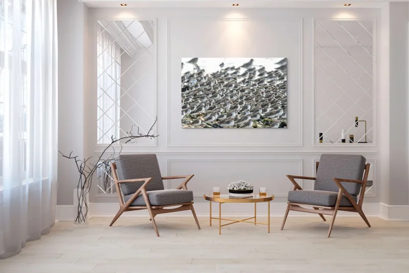 Tablou Canvas, "Dansul miilor de păsări marine", Grupuri, Nisip, Pene, Păsări, Coastă, Agitație, Mișcare, Natură, Armonie, Multitudine, 150 x 100 cm – poza 7
