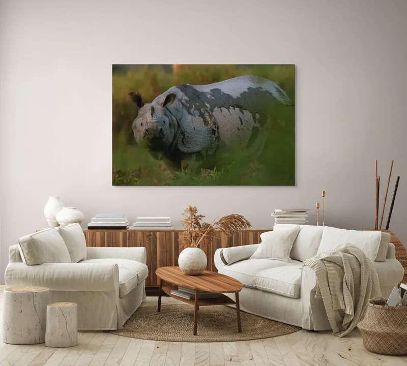 Tablou Canvas, "Rinocer indian în lumina dimineții", Rinocer, Natură, Armură, Sălbatic, Impunător, 150 x 100 cm – poza 3