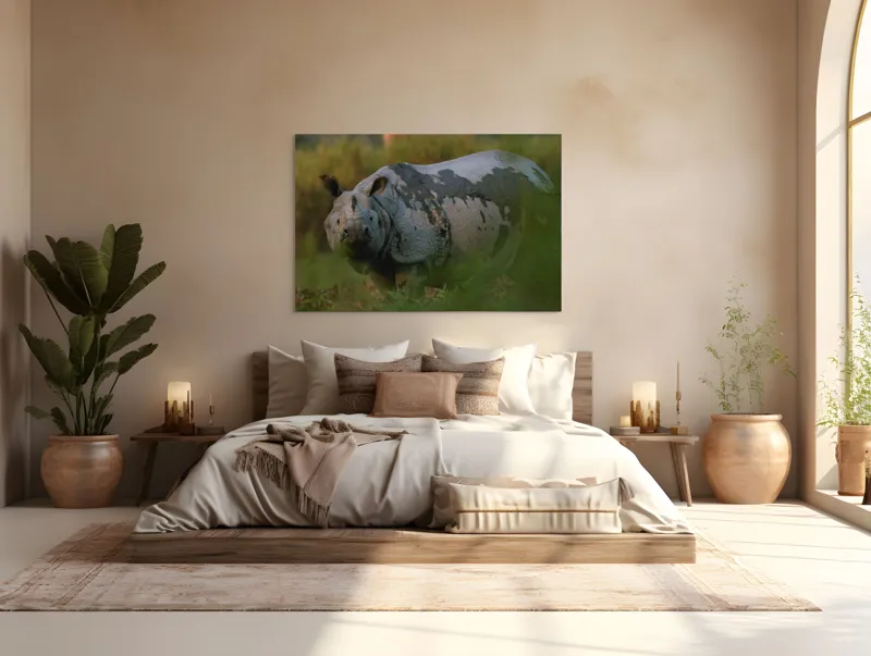 Tablou Canvas, "Rinocer indian în lumina dimineții", Rinocer, Natură, Armură, Sălbatic, Impunător, 150 x 100 cm – poza 4