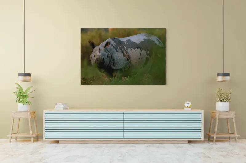 Tablou Canvas, "Rinocer indian în lumina dimineții", Rinocer, Natură, Armură, Sălbatic, Impunător, 150 x 100 cm – poza 6