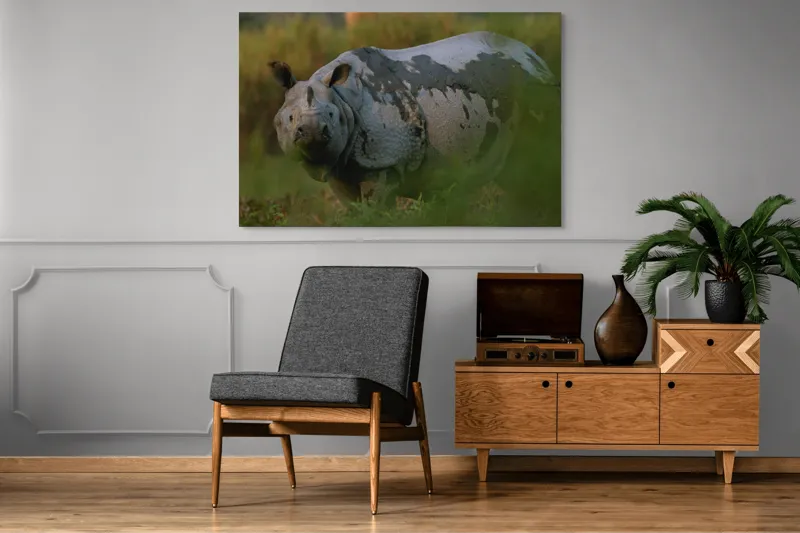 Tablou Canvas, "Rinocer indian în lumina dimineții", Rinocer, Natură, Armură, Sălbatic, Impunător, 150 x 100 cm – poza 8