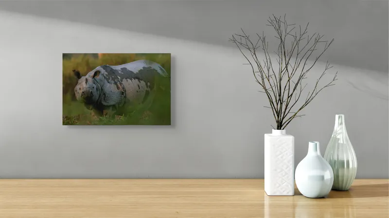 Tablou Canvas, "Rinocer indian în lumina dimineții", Rinocer, Natură, Armură, Sălbatic, Impunător, 39 x 26 cm – poza 8