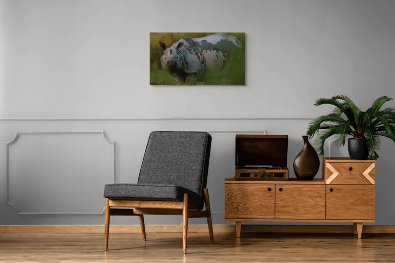 Tablou Canvas, "Rinocer indian în lumina dimineții", Rinocer, Natură, Armură, Sălbatic, Impunător, 90 x 50 cm – poza 6