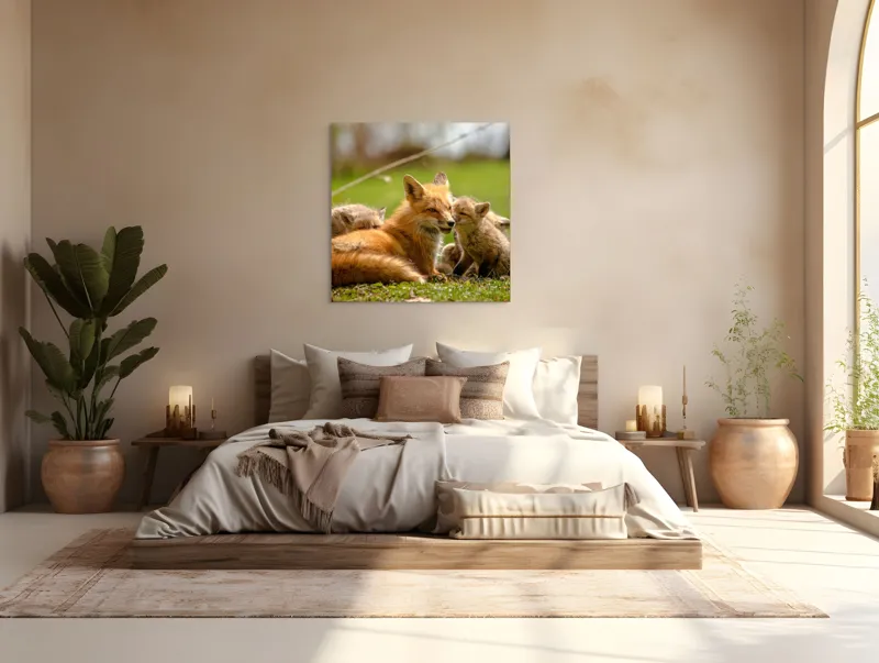 Tablou Canvas, "Vulpea alături de puii ei jucăuși", Vulpe, Pui, Blană, Iarbă, Natură, Familie, Afecțiune, Pădure, Primăvară, Soare, 100 x 100 cm – poza 4