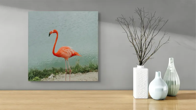 Tablou Canvas, "Flamingo pe malul lacului liniștit", Flamingo, Roz, Grațios, Apă, Verdeață, Cer, Eleganță, Natură, 50 x 50 cm – poza 3