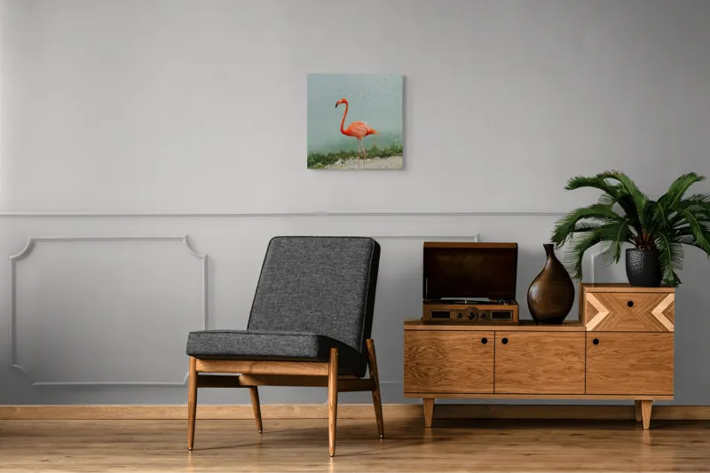 Tablou Canvas, "Flamingo pe malul lacului liniștit", Flamingo, Roz, Grațios, Apă, Verdeață, Cer, Eleganță, Natură, 50 x 50 cm – poza 6
