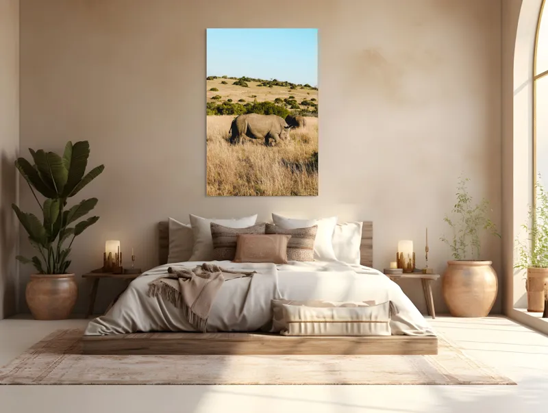 Tablou Canvas, "Rinocerii în savana africană", Rinocer, Savana, Vegetație, Arbuști, Cer Senin, Pajiște, Peisaj, Natură, 100 x 150 cm – poza 3