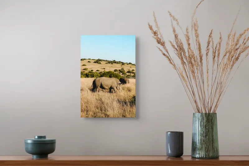 Tablou Canvas, "Rinocerii în savana africană", Rinocer, Savana, Vegetație, Arbuști, Cer Senin, Pajiște, Peisaj, Natură, 26 x 39 cm – poza 5