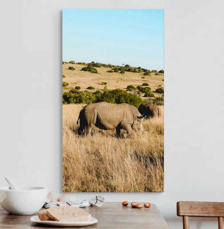 Tablou Canvas, "Rinocerii în savana africană", Rinocer, Savana, Vegetație, Arbuști, Cer Senin, Pajiște, Peisaj, Natură, 50 x 90 cm – poza 3