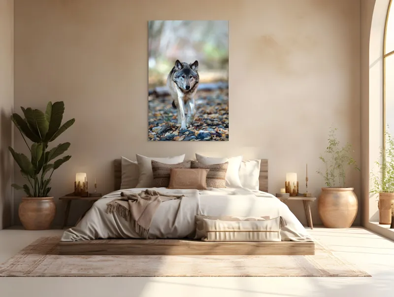 Tablou Canvas, "Lupul în căutarea haitei pierdute", Lup, Pădure, Frunze, Tăcut, Plimbare, Natură, Sălbăticie, 100 x 150 cm – poza 3