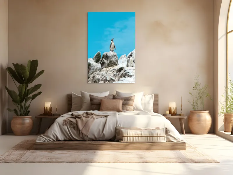 Tablou Canvas, "Dansul pinguinilor pe stânci albe", Pinguin, Rocă, Cer, Albastru, Priveliște, Natură, Zi, Solemn, Vertical., 100 x 150 cm – poza 3