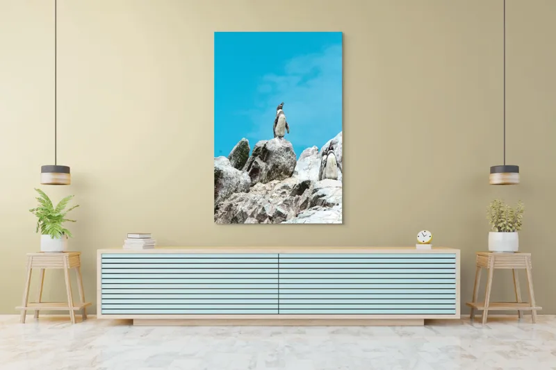 Tablou Canvas, "Dansul pinguinilor pe stânci albe", Pinguin, Rocă, Cer, Albastru, Priveliște, Natură, Zi, Solemn, Vertical., 100 x 150 cm – poza 4
