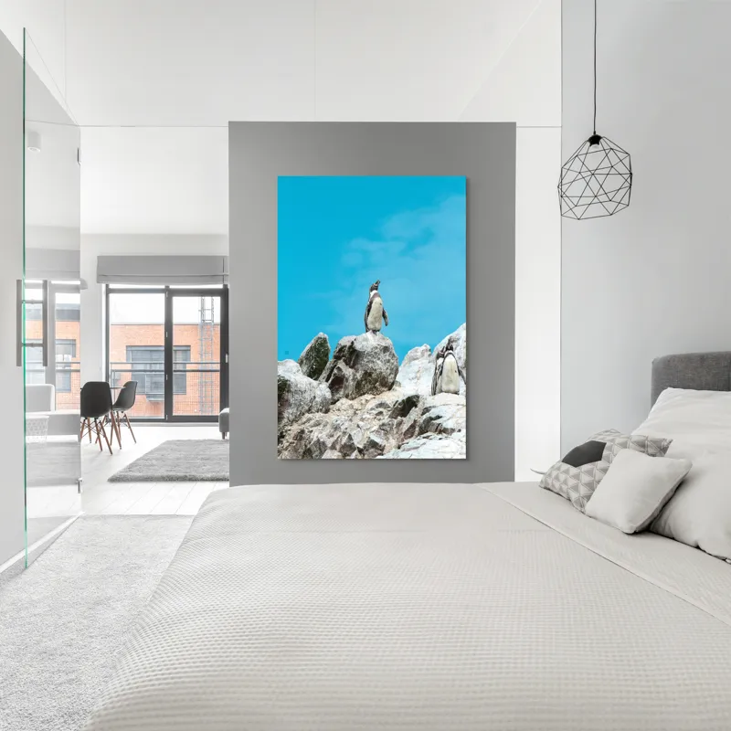 Tablou Canvas, "Dansul pinguinilor pe stânci albe", Pinguin, Rocă, Cer, Albastru, Priveliște, Natură, Zi, Solemn, Vertical., 100 x 150 cm – poza 5