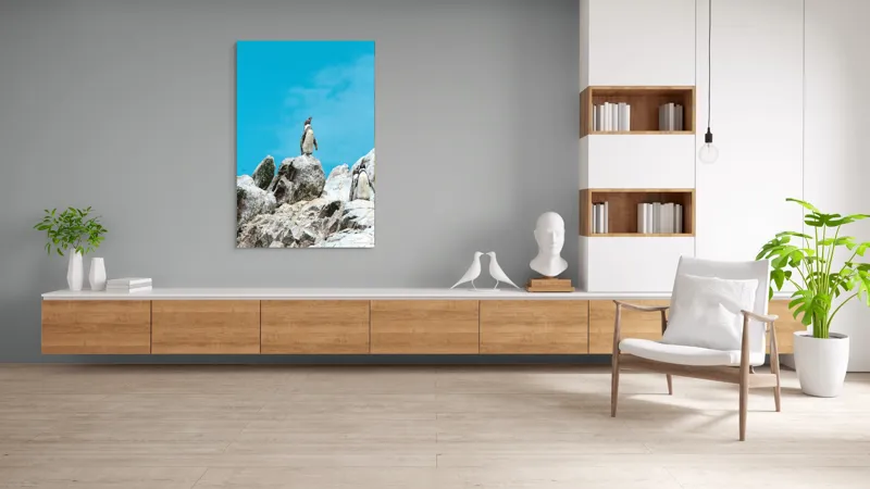 Tablou Canvas, "Dansul pinguinilor pe stânci albe", Pinguin, Rocă, Cer, Albastru, Priveliște, Natură, Zi, Solemn, Vertical., 100 x 150 cm – poza 8