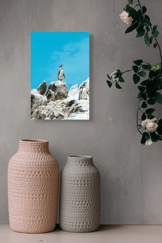 Tablou Canvas, "Dansul pinguinilor pe stânci albe", Pinguin, Rocă, Cer, Albastru, Priveliște, Natură, Zi, Solemn, Vertical., 26 x 39 cm – poza 6