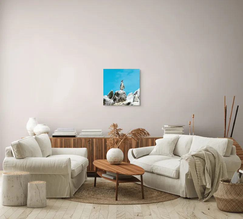Tablou Canvas, "Dansul pinguinilor pe stânci albe", Pinguin, Rocă, Cer, Albastru, Priveliște, Natură, Zi, Solemn, Vertical., 50 x 50 cm – poza 7