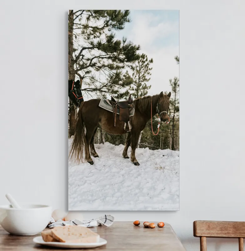 Tablou Canvas, "Cal în așteptarea plimbării montane", Cal, Zăpadă, Pădure, Șa, Iarnă, Copaci, Frânghie, Natură, Echitație., 50 x 90 cm – poza 3