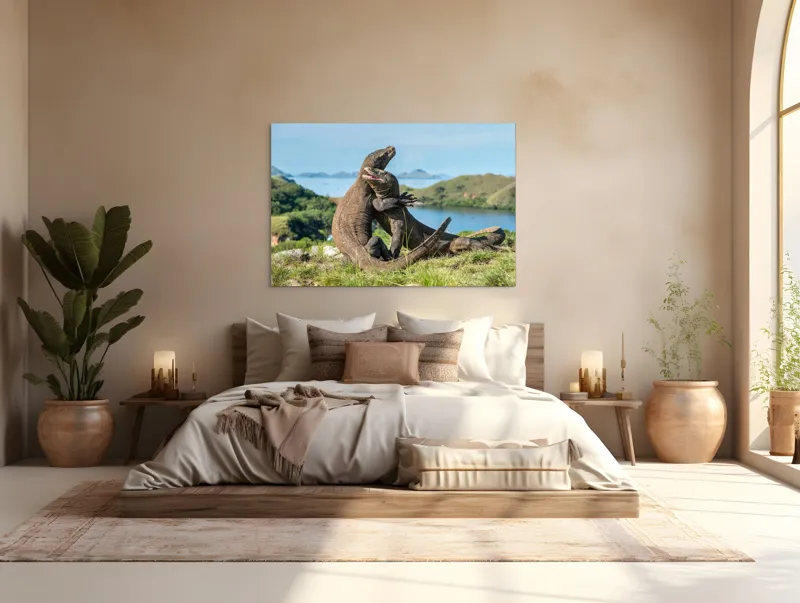 Tablou Canvas, "Îmbrățișarea dragonilor de Komodo", Balans, Natură, Forță, Întindere, Armonie, Salbaticie, Lumină, Peisaj, Verzișor, Relaxare., 150 x 100 cm – poza 4