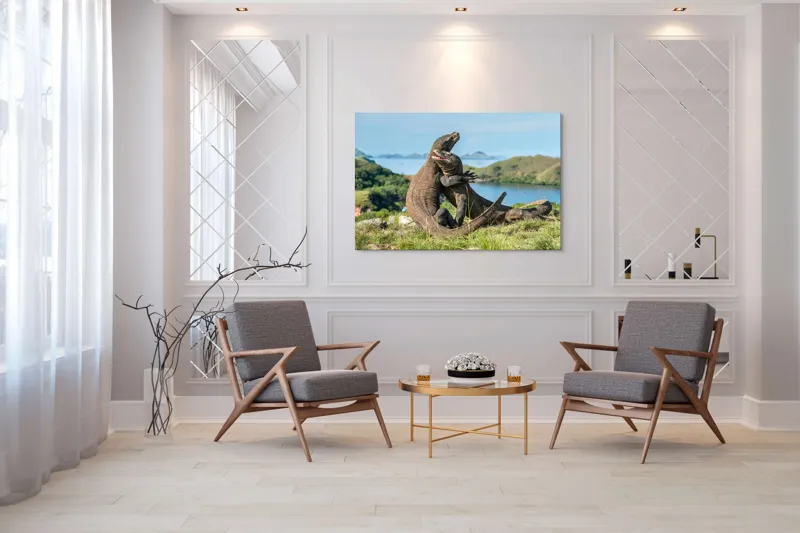 Tablou Canvas, "Îmbrățișarea dragonilor de Komodo", Balans, Natură, Forță, Întindere, Armonie, Salbaticie, Lumină, Peisaj, Verzișor, Relaxare., 150 x 100 cm – poza 7