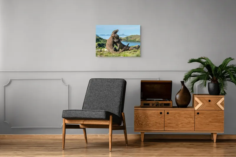Tablou Canvas, "Îmbrățișarea dragonilor de Komodo", Balans, Natură, Forță, Întindere, Armonie, Salbaticie, Lumină, Peisaj, Verzișor, Relaxare., 70 x 50 cm – poza 4