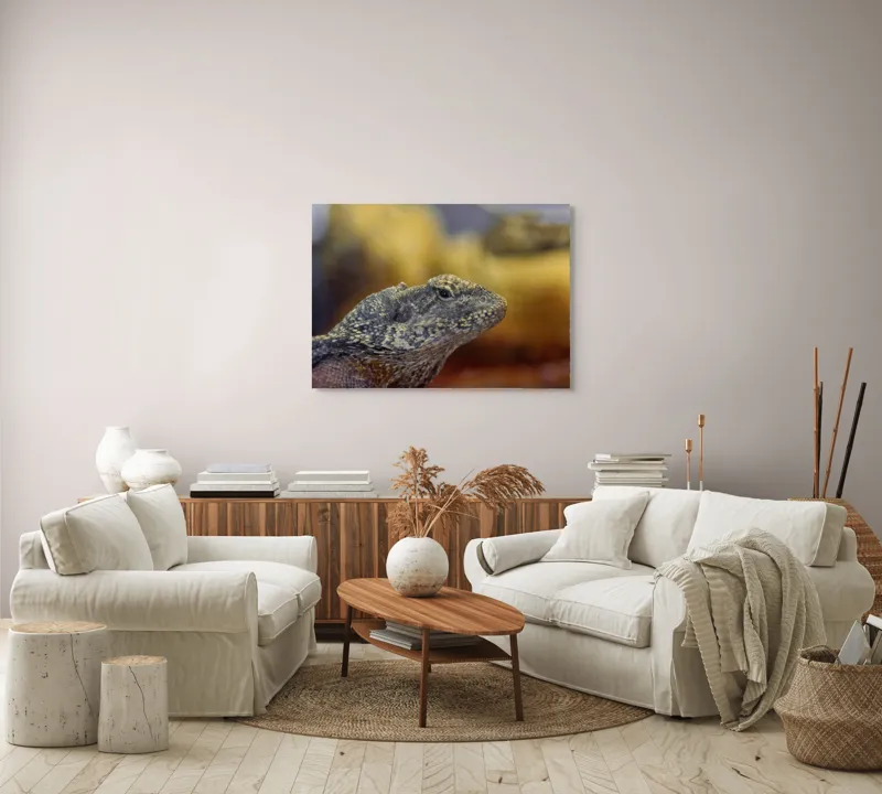 Tablou Canvas, "Nu știu cine este în imagine.", Șopârlă, Textură, Scame, Culori, Natură, Reptilă, Mediu., 100 x 70 cm – poza 3