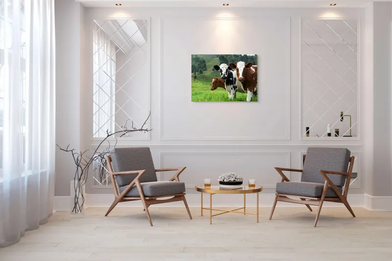 Tablou Canvas, "Vaci în peisaj de primăvară", Vaci, Pășune, Verdeață, Coline, Cer, Natură, Suavitate, Contrast, 100 x 70 cm – poza 5