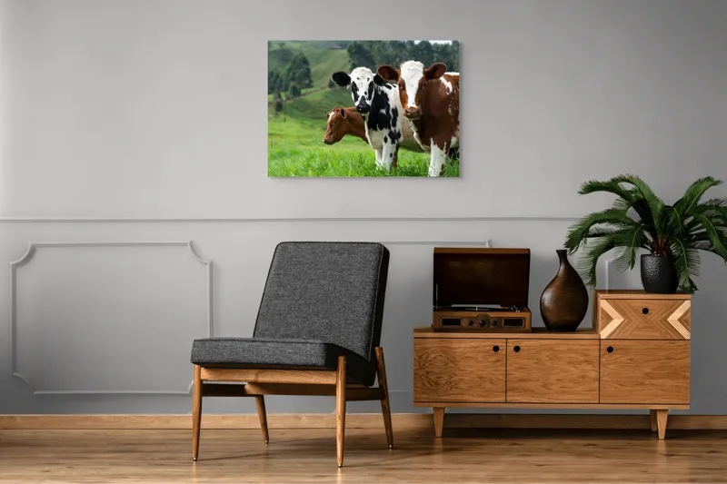 Tablou Canvas, "Vaci în peisaj de primăvară", Vaci, Pășune, Verdeață, Coline, Cer, Natură, Suavitate, Contrast, 100 x 70 cm – poza 8