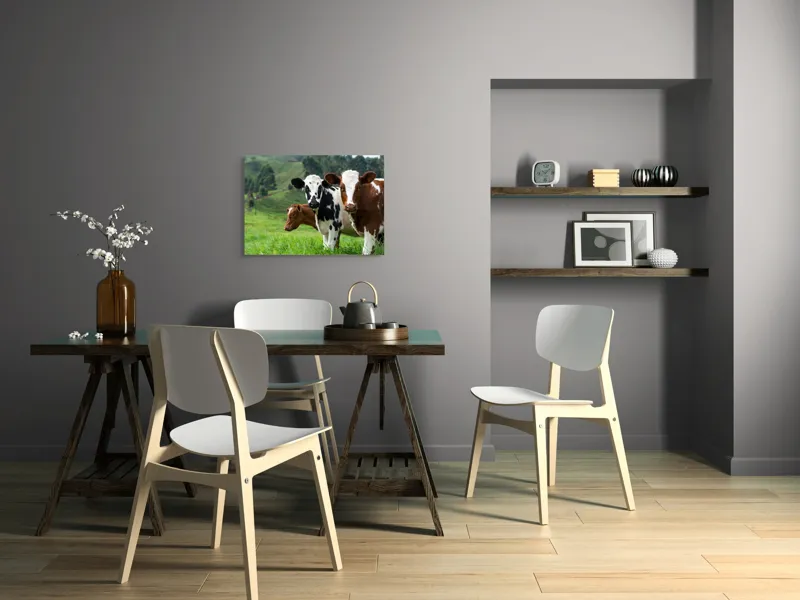 Tablou Canvas, "Vaci în peisaj de primăvară", Vaci, Pășune, Verdeață, Coline, Cer, Natură, Suavitate, Contrast, 70 x 50 cm – poza 5