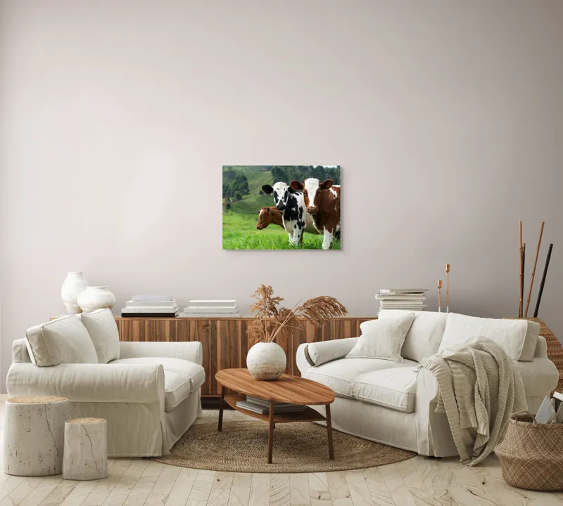 Tablou Canvas, "Vaci în peisaj de primăvară", Vaci, Pășune, Verdeață, Coline, Cer, Natură, Suavitate, Contrast, 70 x 50 cm – poza 6